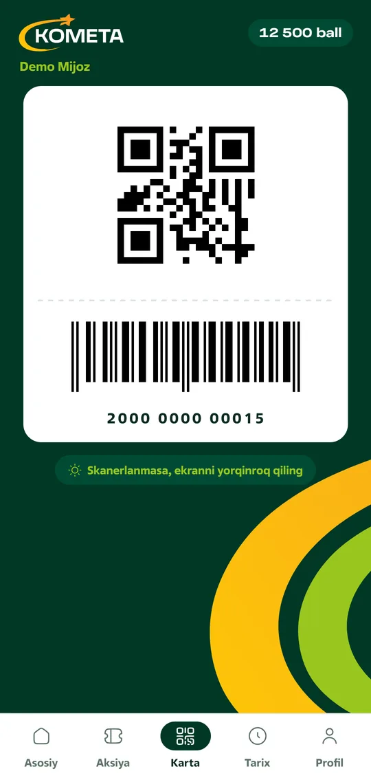 Karta ekrani: kassada skanerlanadigan QR va shtrix-kod