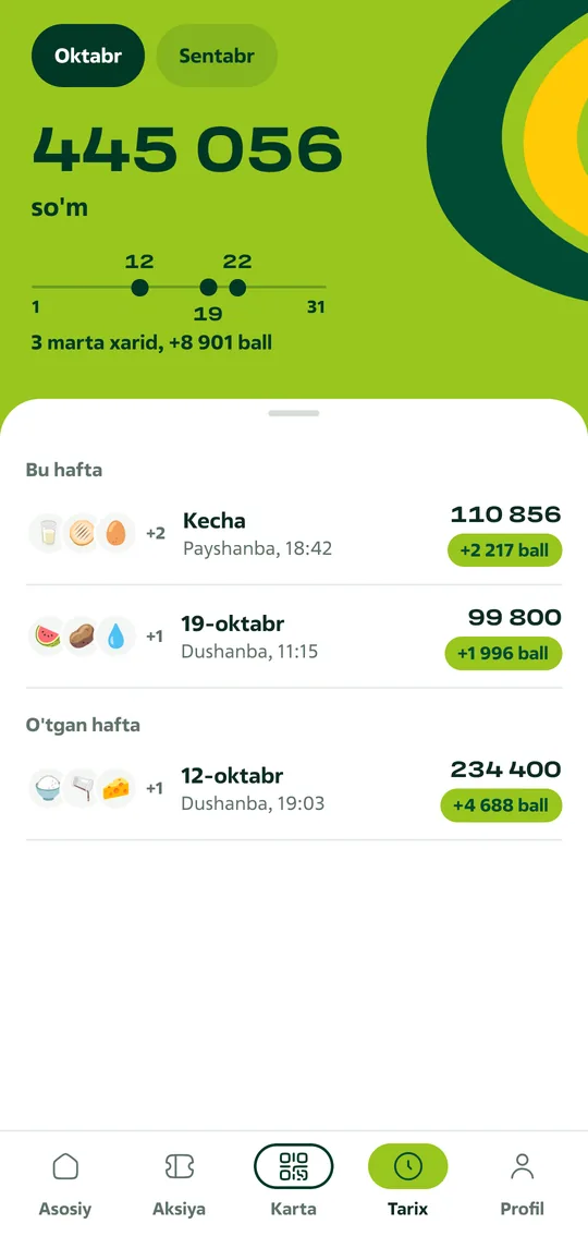 Tarix ekrani: oylik xarid summasi va har bir chek