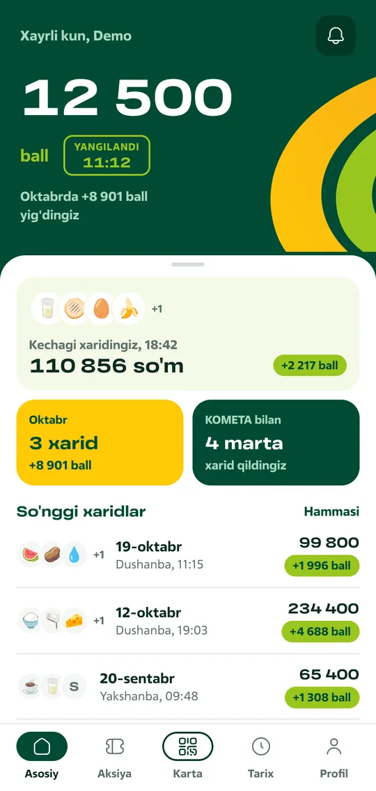 Asosiy ekran: ball balansi, oxirgi xarid va oy natijasi